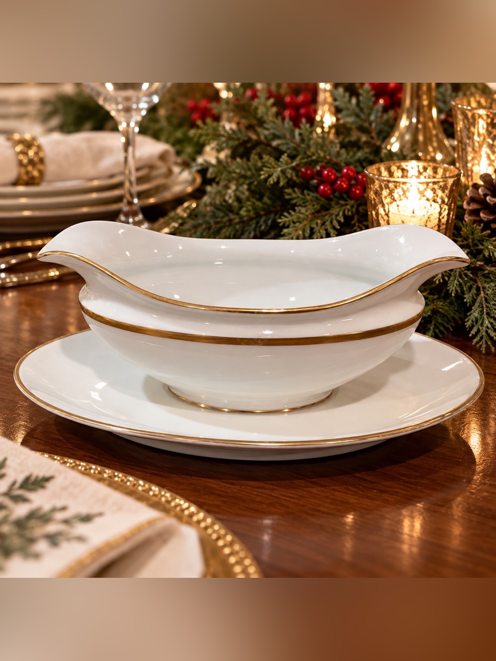 Vintage J.P. Limoges France Gravy Boat & Underplate White Gold Holiday Table